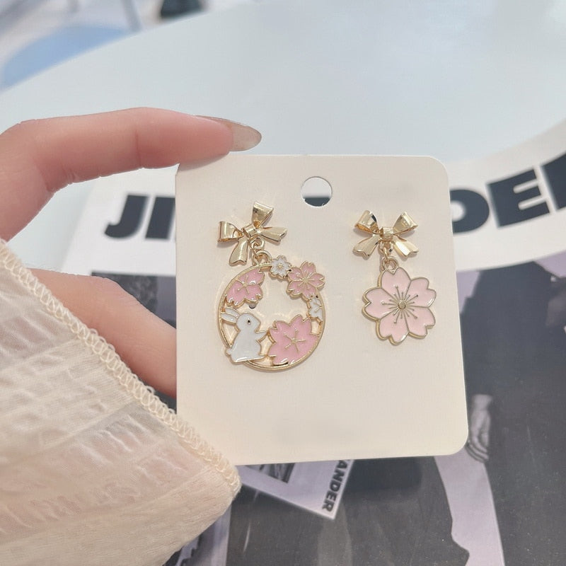 Animal Cat Cherry Blossoms Asymmetrical Earring Party Kitten Jewelry Gifts