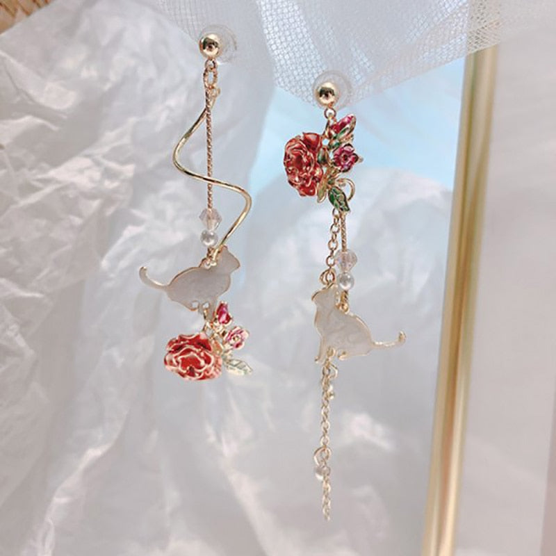 Animal Cat Cherry Blossoms Asymmetrical Earring Party Kitten Jewelry Gifts