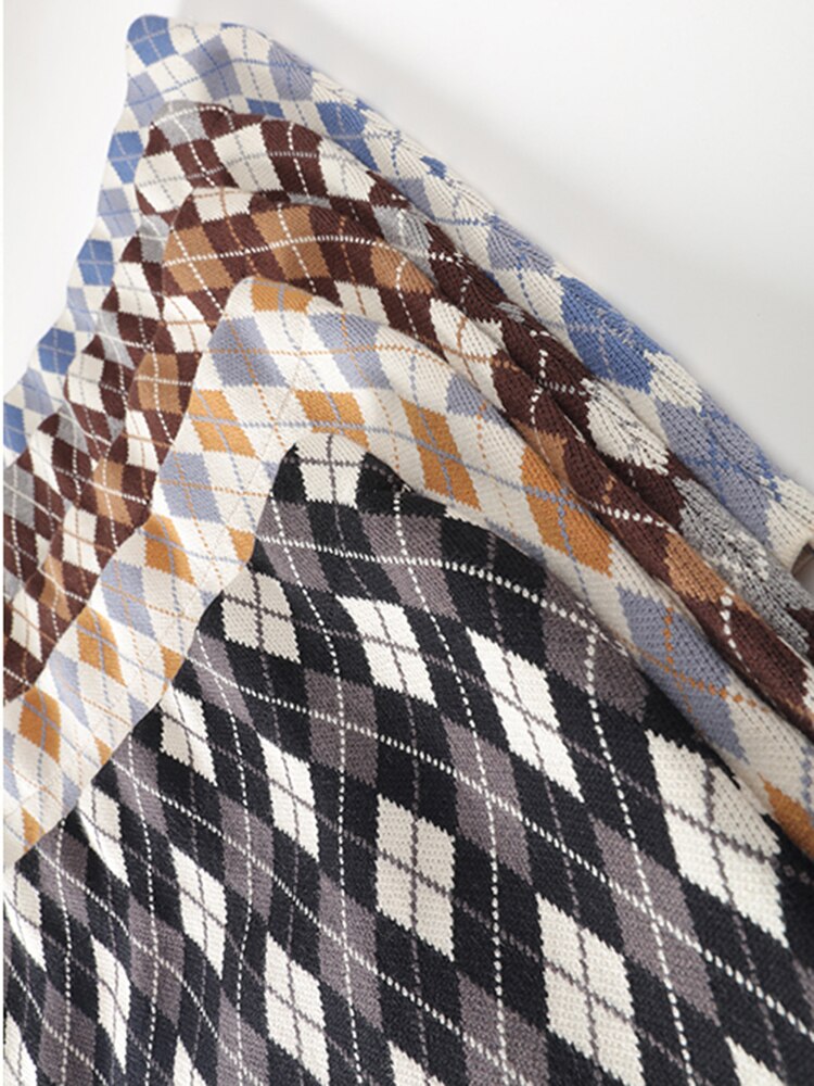 Vintage Rhombus Plaid Knitting High Waist Bodycon One Step Sweater Skirt