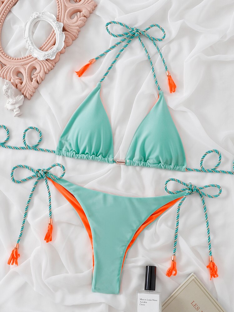 Miyouj Thong Bikini Set 2022 Blue Color Swimsuit Woman Sexy Bathing Suits Two Piece Bikinis Triangle Bandage Female Beachwear