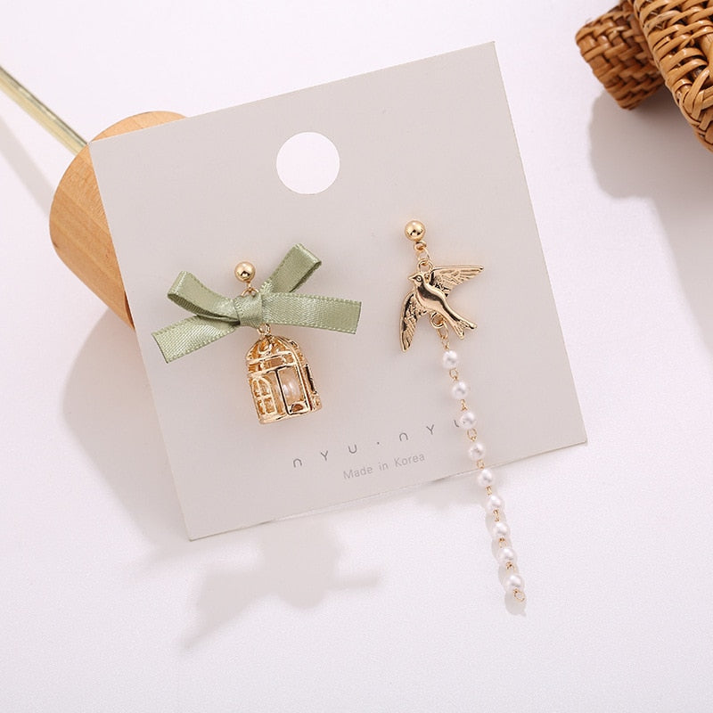 Animal Cat Cherry Blossoms Asymmetrical Earring Party Kitten Jewelry Gifts