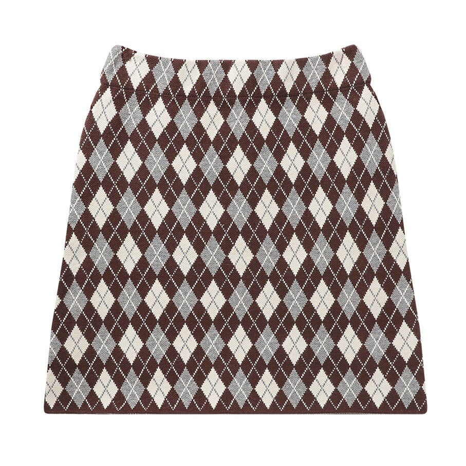 Vintage Rhombus Plaid Knitting High Waist Bodycon One Step Sweater Skirt