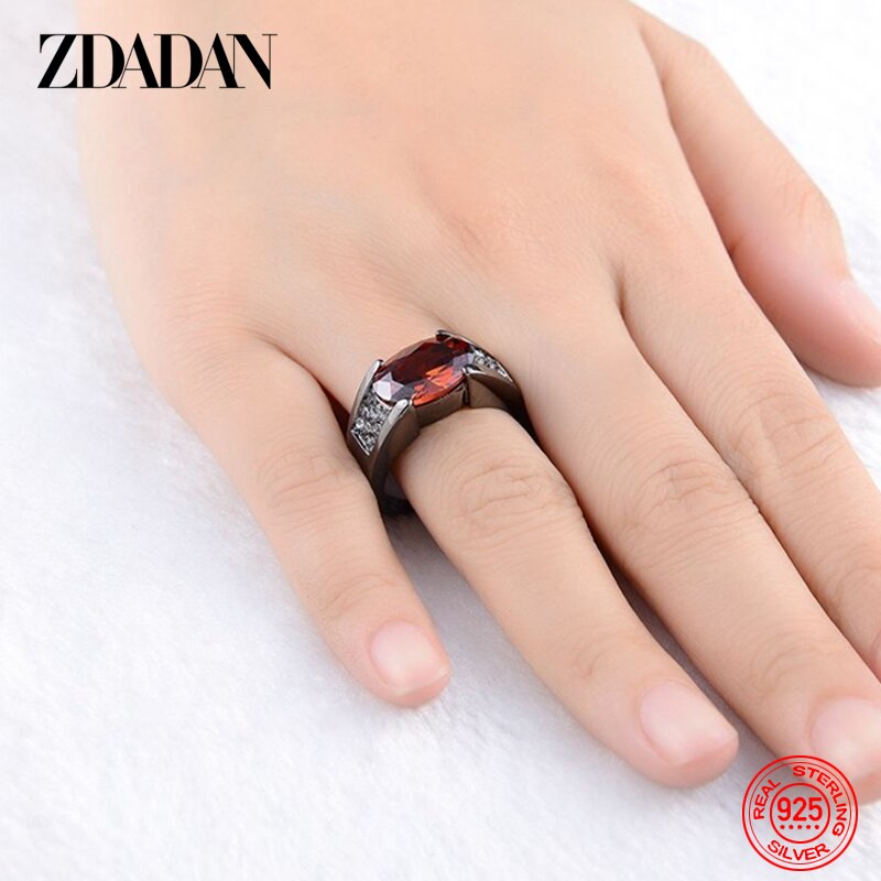 ZDADAN 925 Sterling Silver Red Purple Crystal Ring