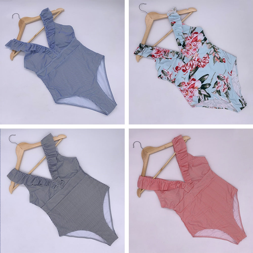 One Piece Striped Ruffled Vintage Print Swimsuit