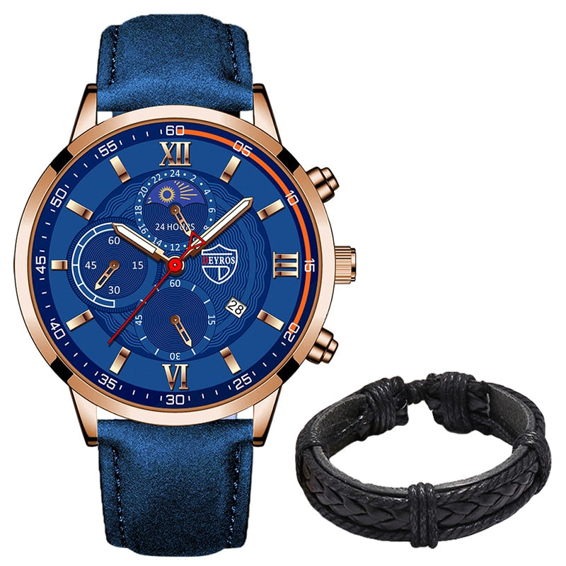 Luxury Black Leather Bracelet Men Casual Luminous Clock Watch