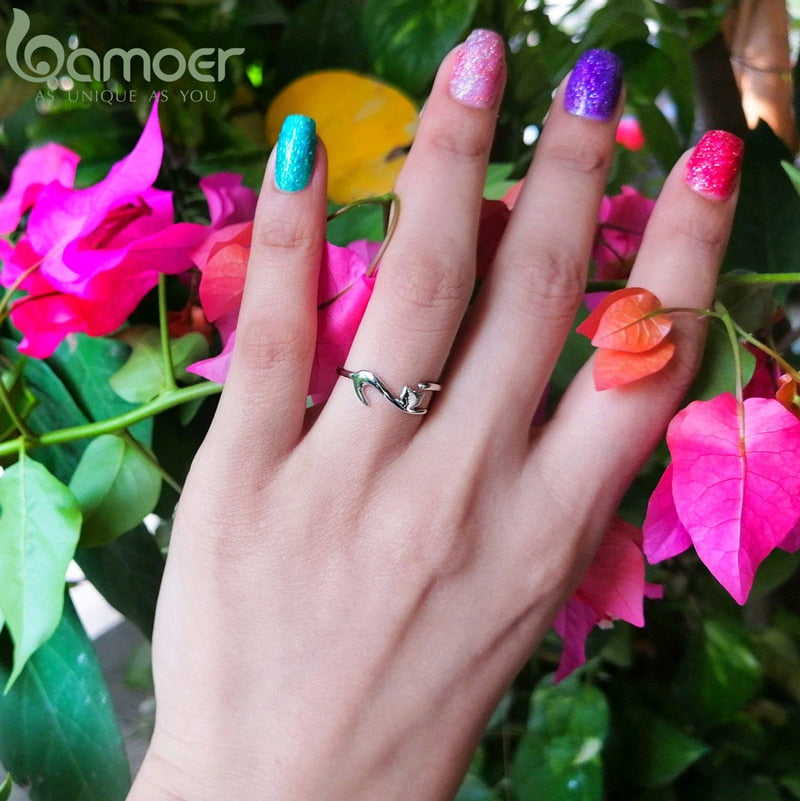 BAMOER 925 Sterling Silver Sticky Cat with Long Tail Finger Ring