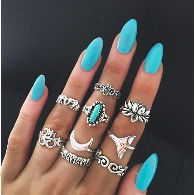 14 Pcs/Set Neo-Gothic Mixed Feather Elephant Star Moon Sun Ring