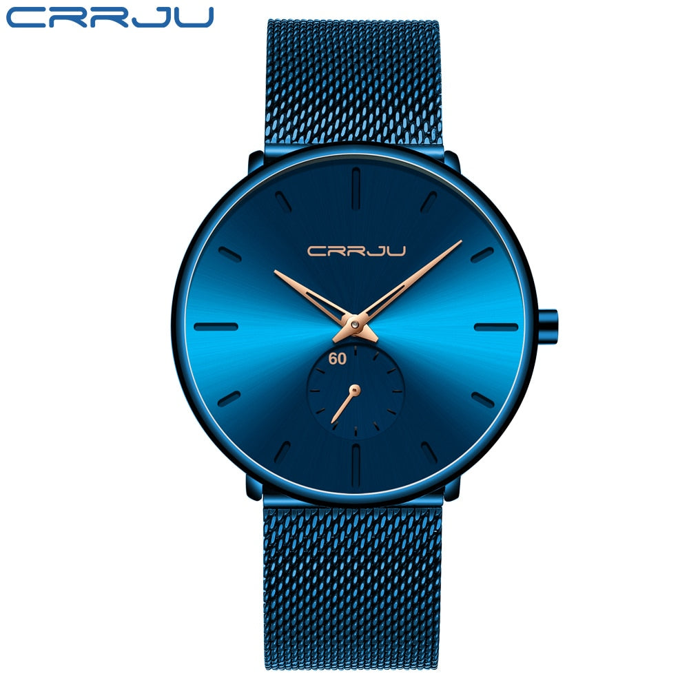 CRRJU Fashion Luxury Slim Mesh Steel Waterproof Mens Watch