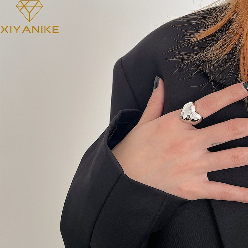 XIYANIKE Silver Color Alphabet Three-dimensional Love Heart Smooth Ring