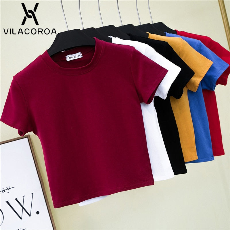 Crop Top Female Solid Cotton O-Neck Short Sleeve T-Shirt