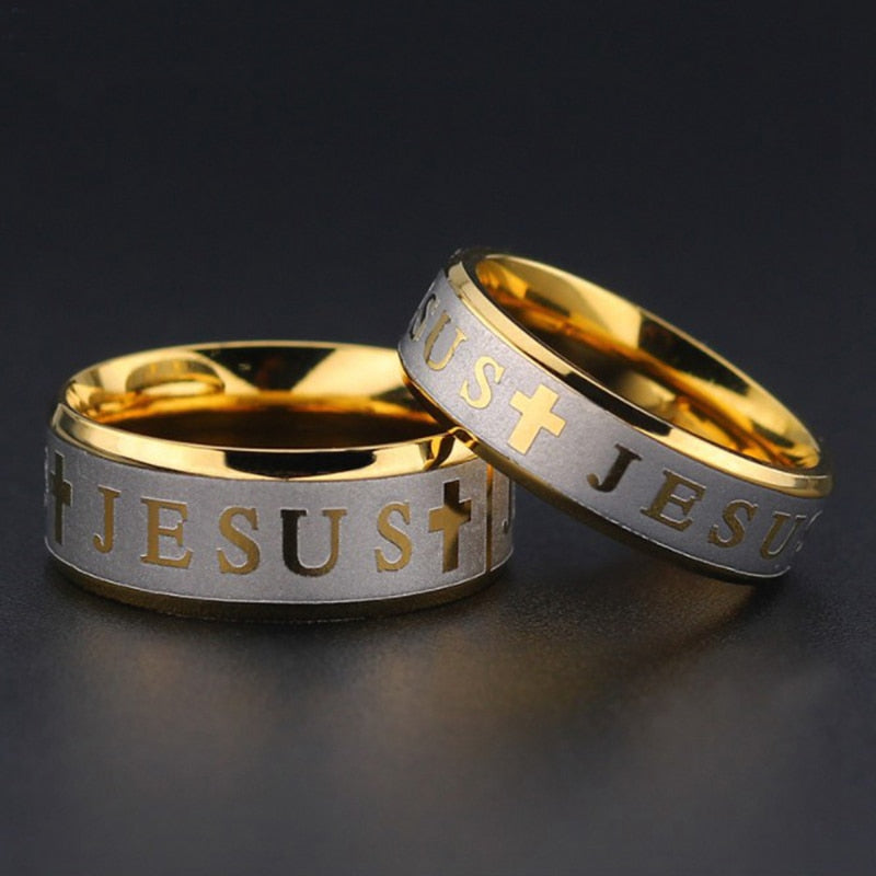 Stainless Steel Black Color Jesus Cross Letter Bible Ring