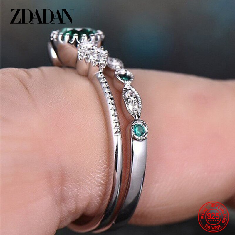 ZDADAN 925 Sterling Silver Emerald Zircon Charm Blue Gemstone Ring