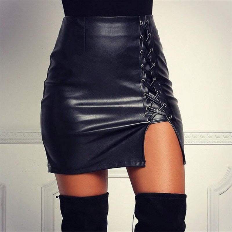 Above Knee Black PU Leather High Waist Bodycon Front Split Mini Skirt
