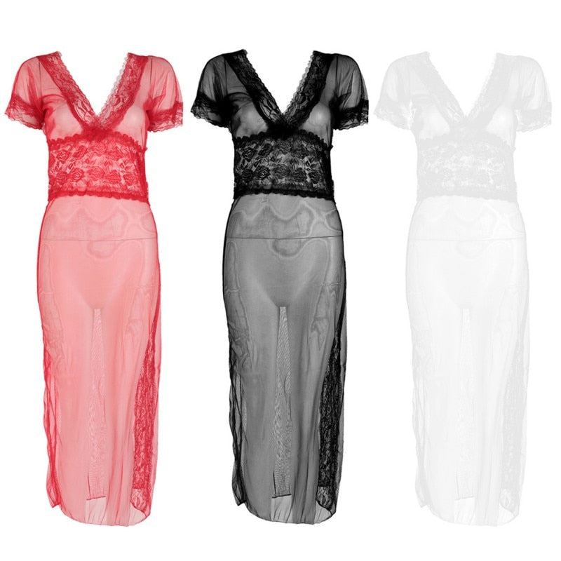 Sexy long dressing women night gown sheer transparent dress