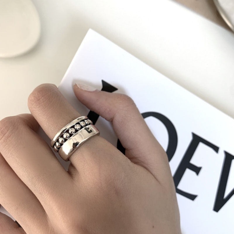 VENTFILLE 925 Sterling Silver Wave Light-shaped Solid Double-layer Ring