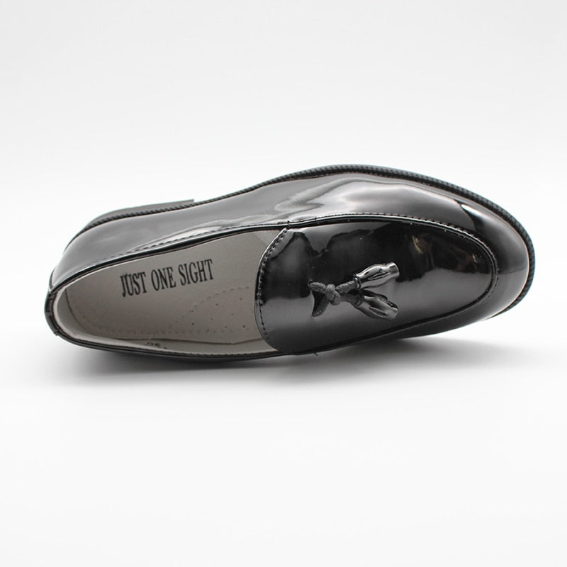 Boys Dress Shoes Black Faux Leather Slip On Tassel Boy Loafers