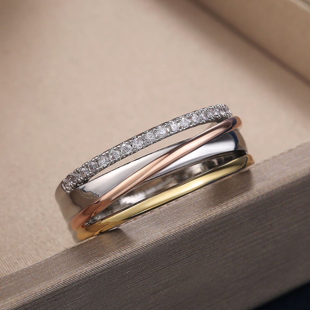 Huitan Fancy Cross Micro Paved CZ Stone Three Tone Cross Shine Ring