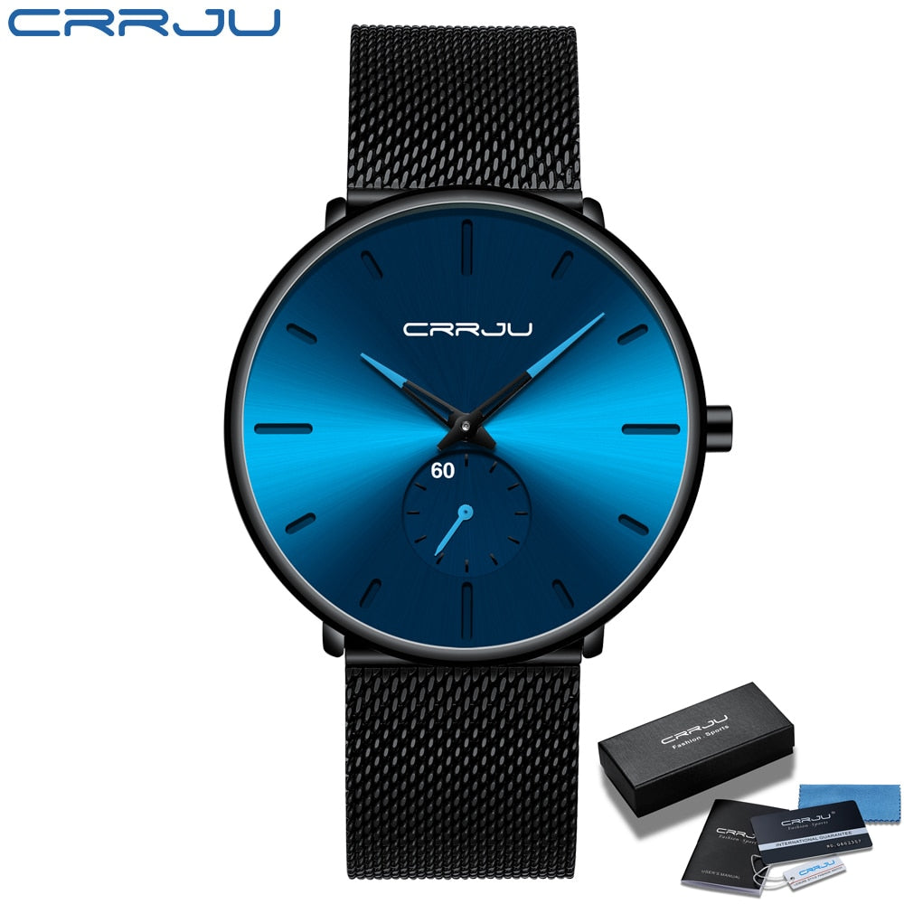 CRRJU Fashion Luxury Slim Mesh Steel Waterproof Mens Watch