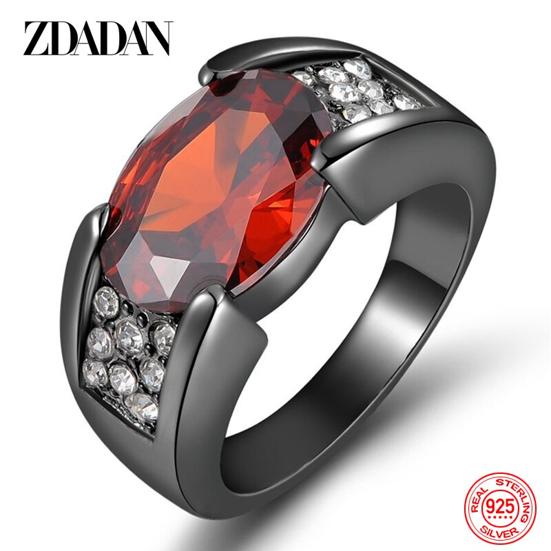 ZDADAN 925 Sterling Silver Red Purple Crystal Ring