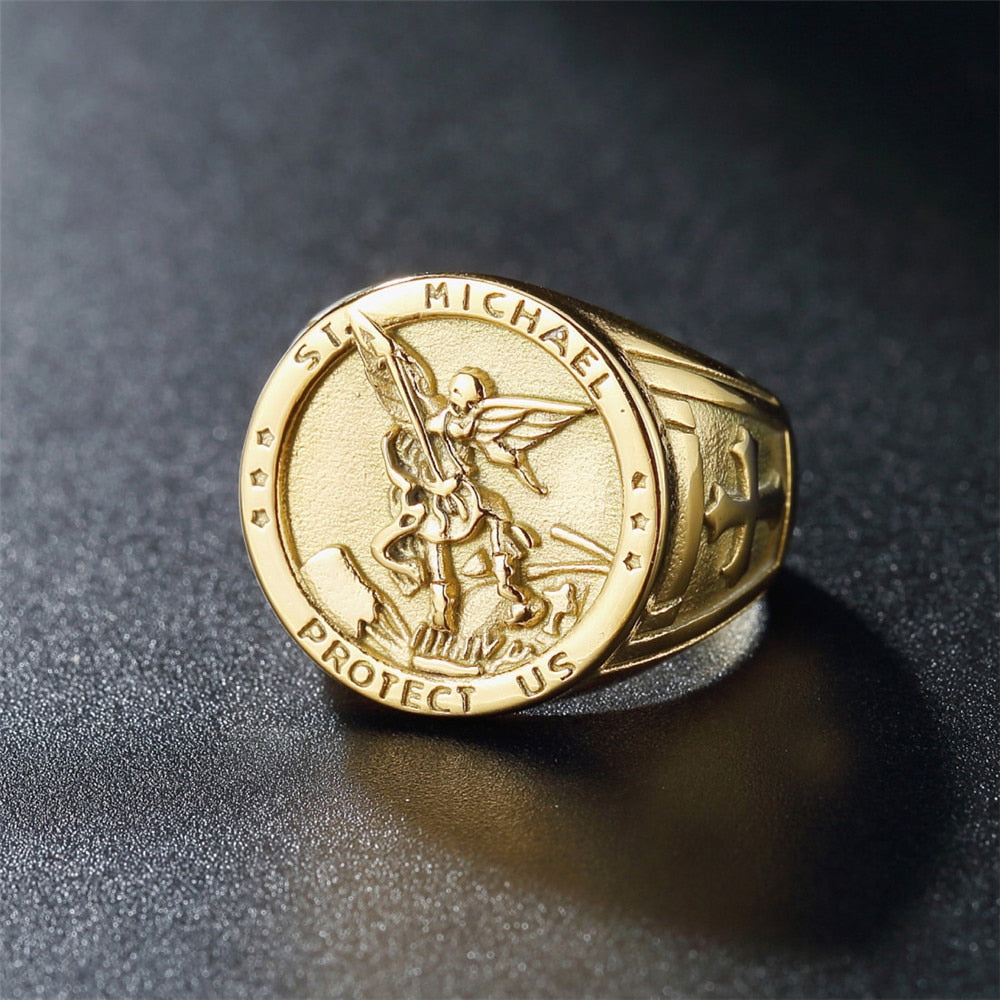 Vintage Catholic Angel Michael Stainless Steel Ring