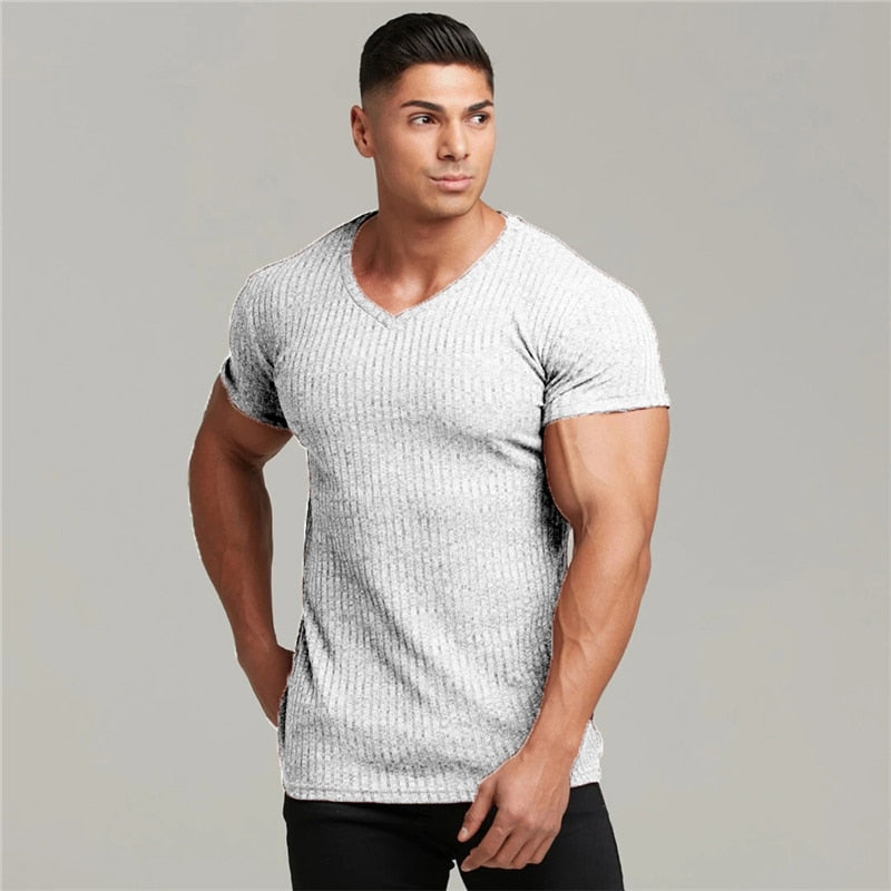 Men V Neck Short Sleeve T Shirt Fitness Slim Fit Sports Strips T-shirt