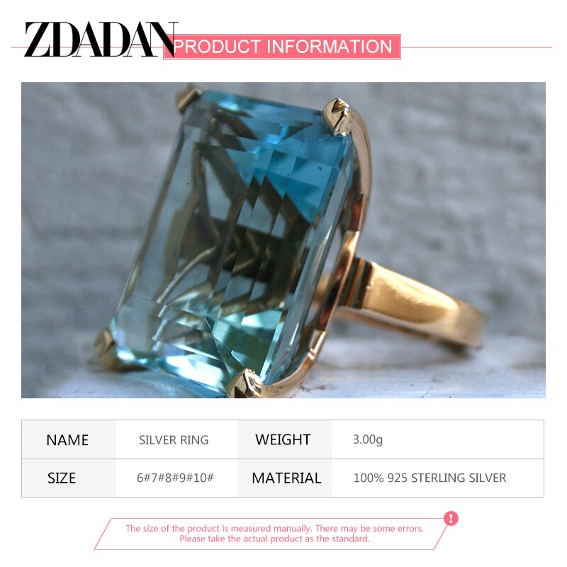 ZDADAN 925 Sterling Silver Aquamarine Gemstone Ring