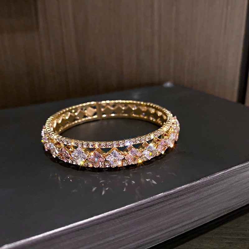 Geometric Zircon Bangles For Women Pink Green Crystal Cuff Bracelets