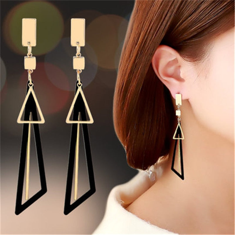 Korean Long Statement Geometric Triangle Tassel Dangle Drop Earrings