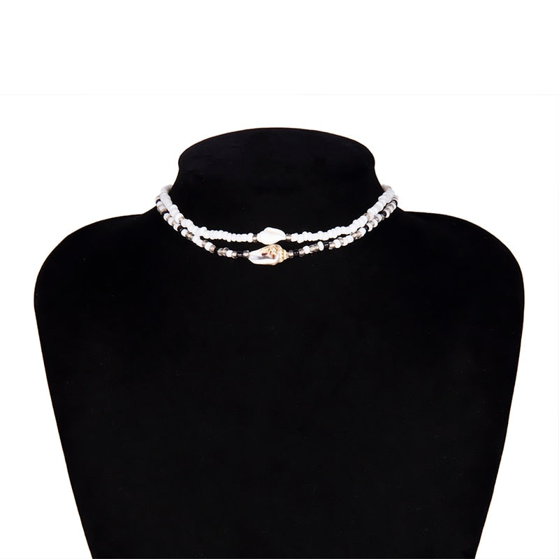 SHIXIN Separable 2 Layered White/Black Beads Necklaces