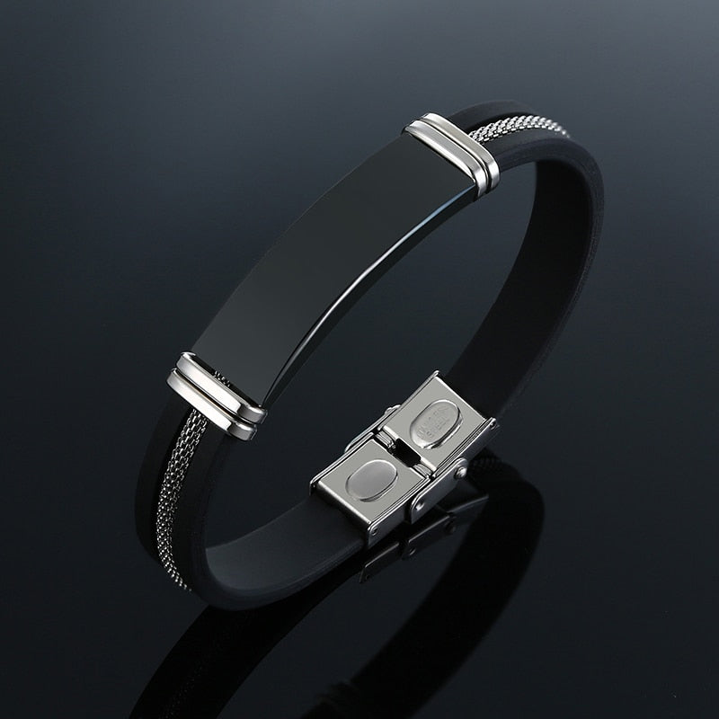 Black Grooved Rudder Silicone Mesh Link Stainless Steel Bracelet