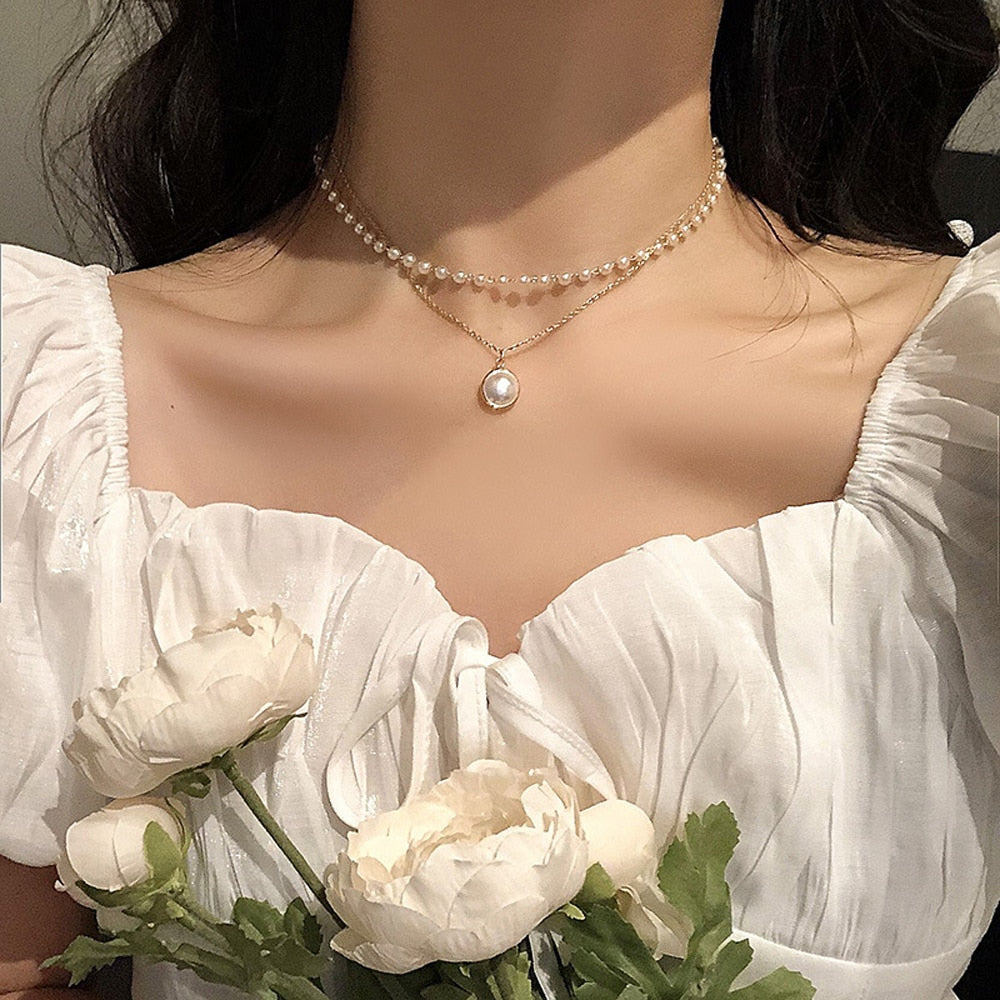 SUMENG Double Layer Chain Kpop Pearl Choker Necklace