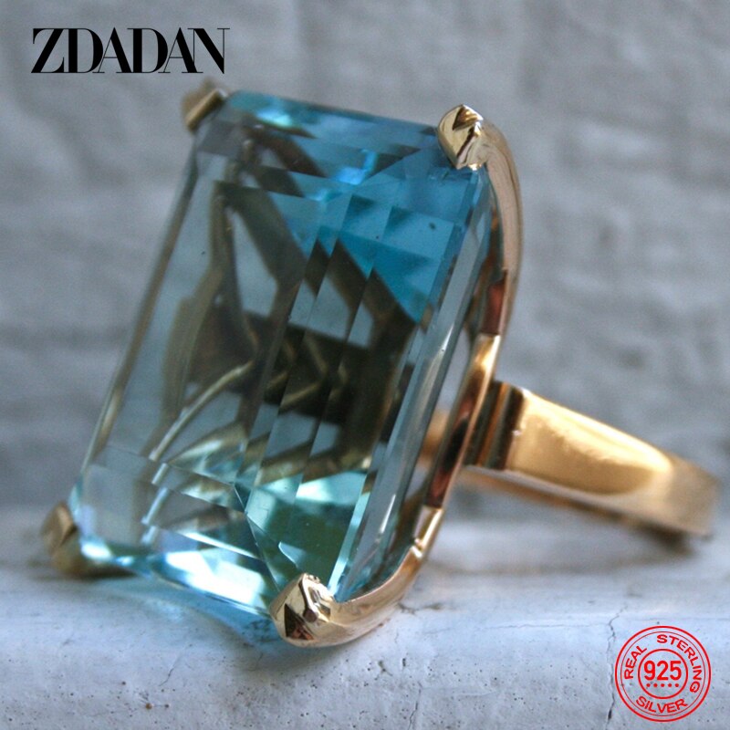 ZDADAN 925 Sterling Silver Aquamarine Gemstone Ring