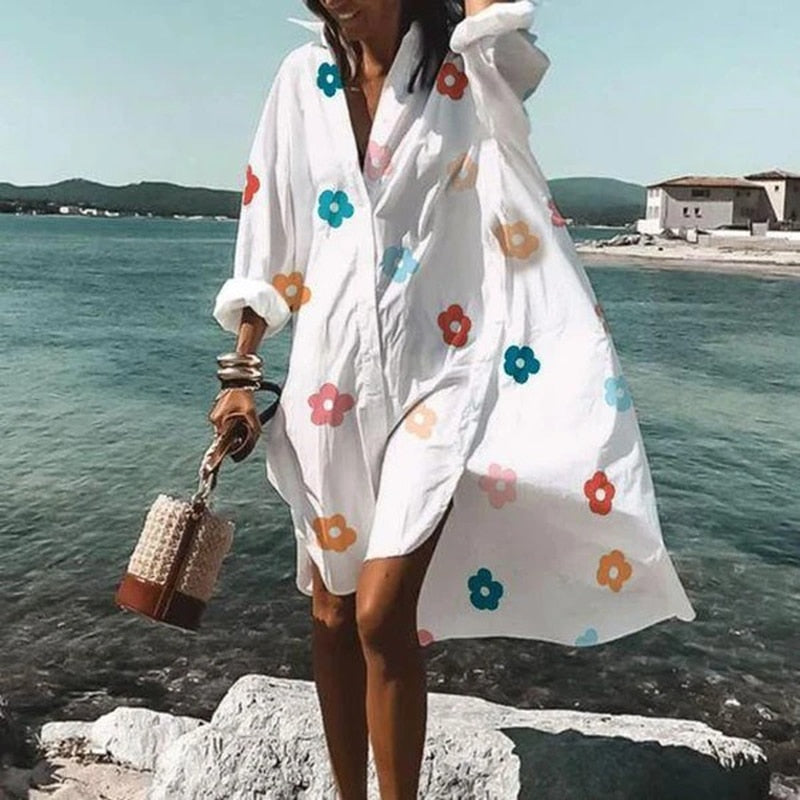 Summer Women Dresses Turn-down Collar Print Casual Long Sleeve Shirt Dress Oversized Loose Beach