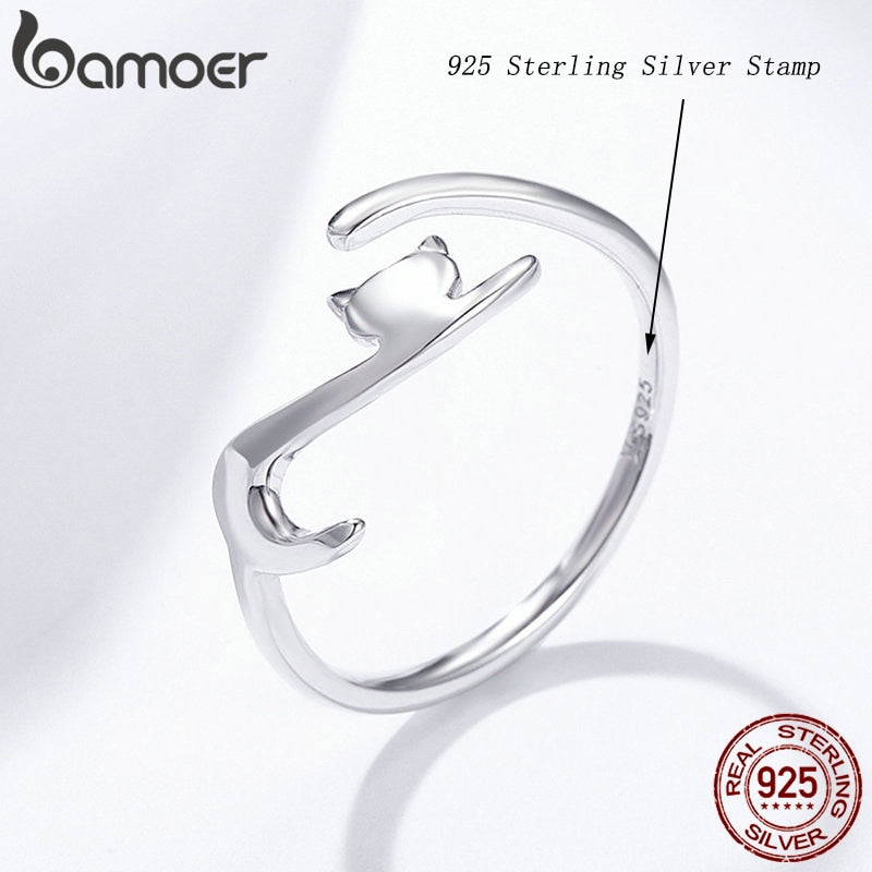 BAMOER 925 Sterling Silver Sticky Cat with Long Tail Finger Ring