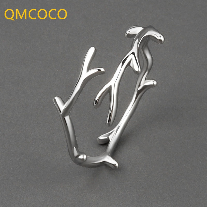 QMCOCO Simple Branch Leaf Thin Ring Silver Color Open Adjustable