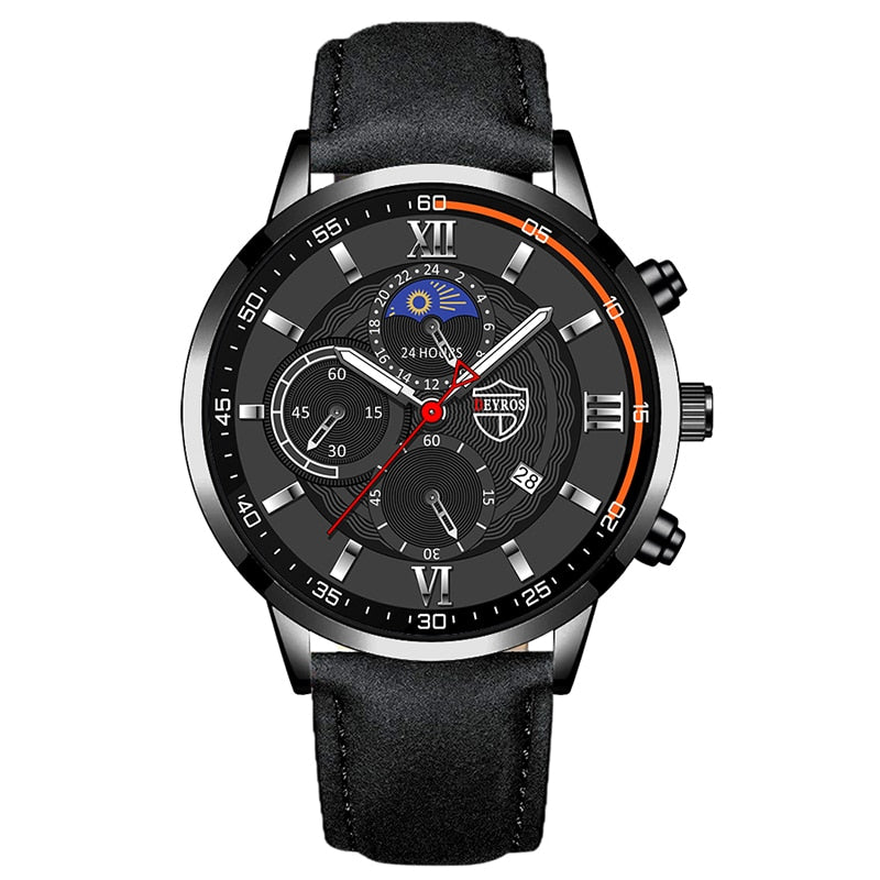 Luxury Black Leather Bracelet Men Casual Luminous Clock Watch