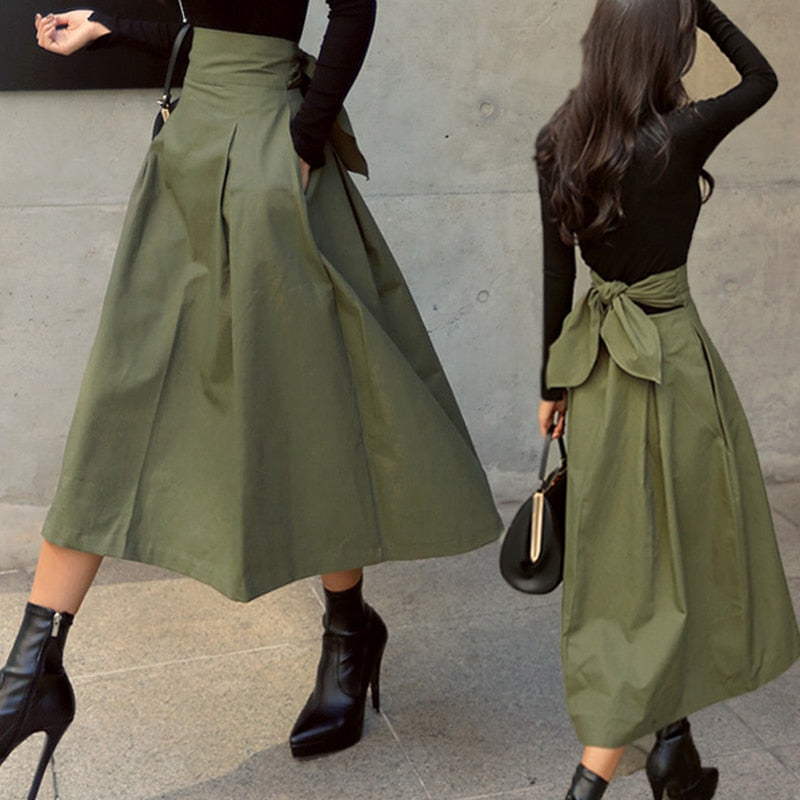 Korean Fashion Solid Color Big Swing Women High Waist Bow Slim Skirt