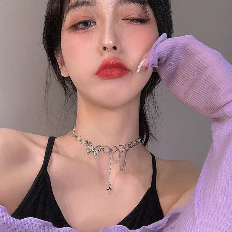 Women Silver Color Butterfly Short Gift Necklace