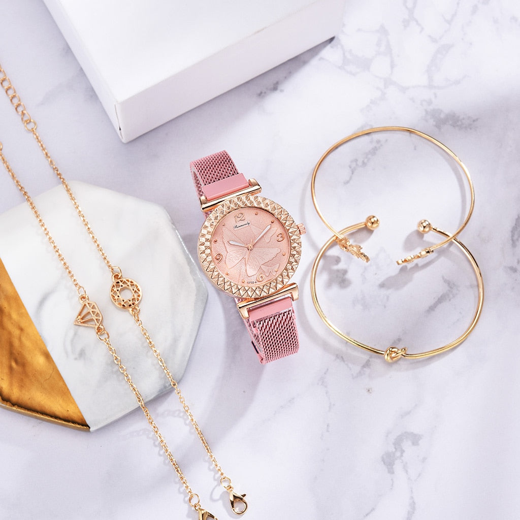 5PCS Women Set Luxury Rose Gold Dress Quartz Watch Bracelet