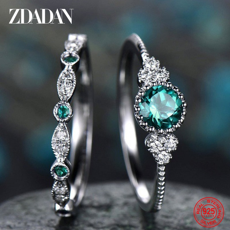 ZDADAN 925 Sterling Silver Emerald Zircon Charm Blue Gemstone Ring