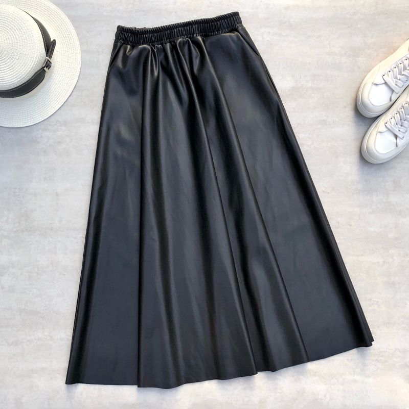 Neophil 80cm Women Leather Elastic Waist A-Line Flare Long Skirt
