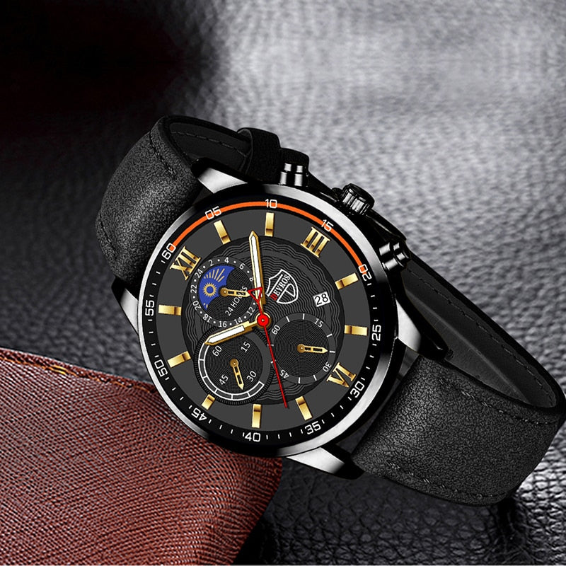 Luxury Black Leather Bracelet Men Casual Luminous Clock Watch