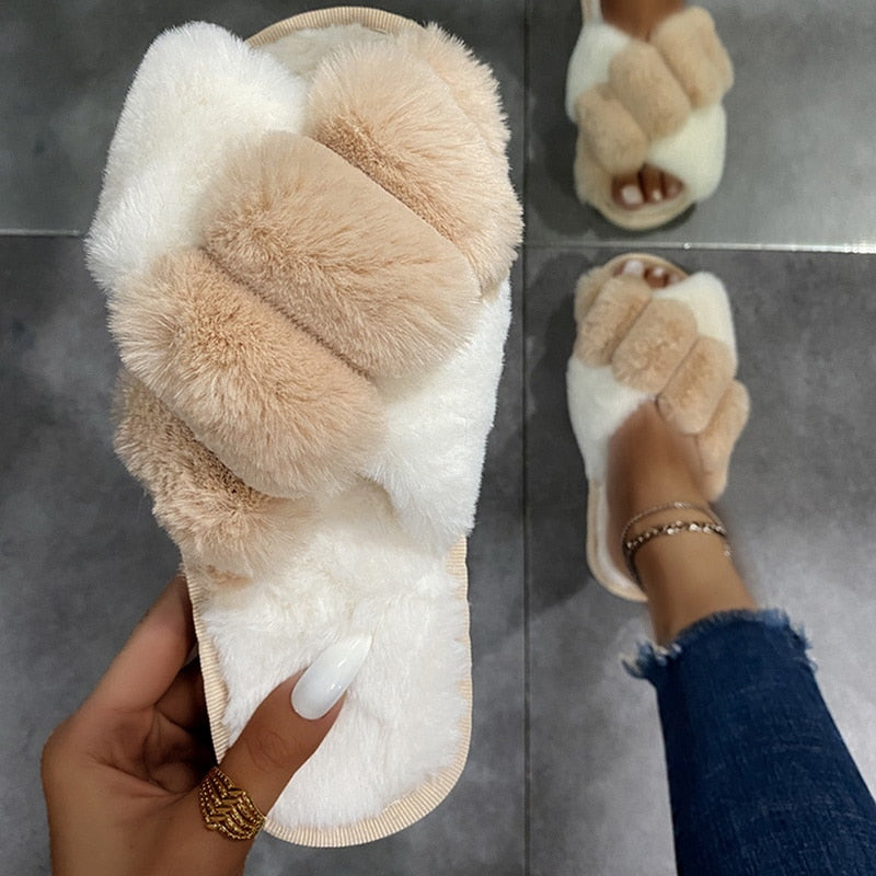 Furry Slippers Soft Plush Cross Faux Fur Shoes