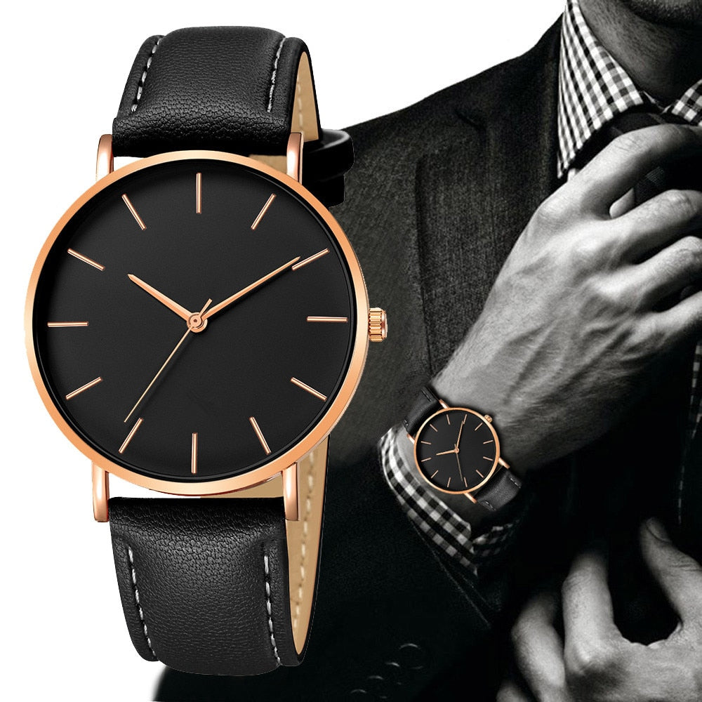 New Fashion Simple Leather Gold Silver Dial Men Quartz Watch