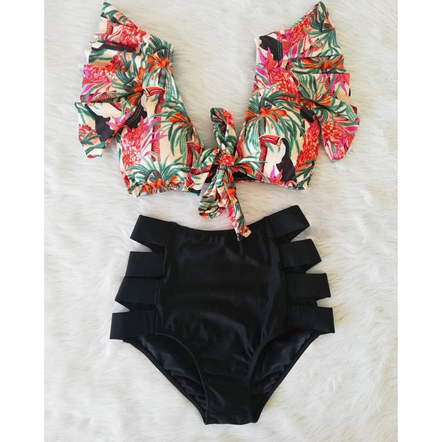 Floral Beachwear V-Neck High Waist Ruffled Sexy Bikini Set