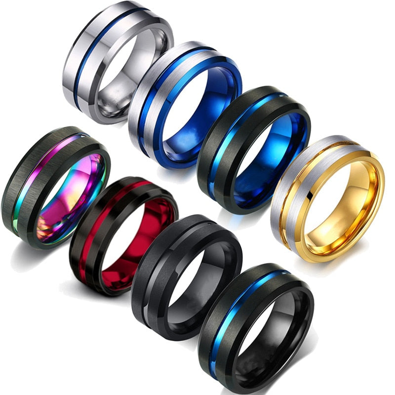 FDLK Fashion 8MM Men's Stainless Steel Beveled Edge Ring