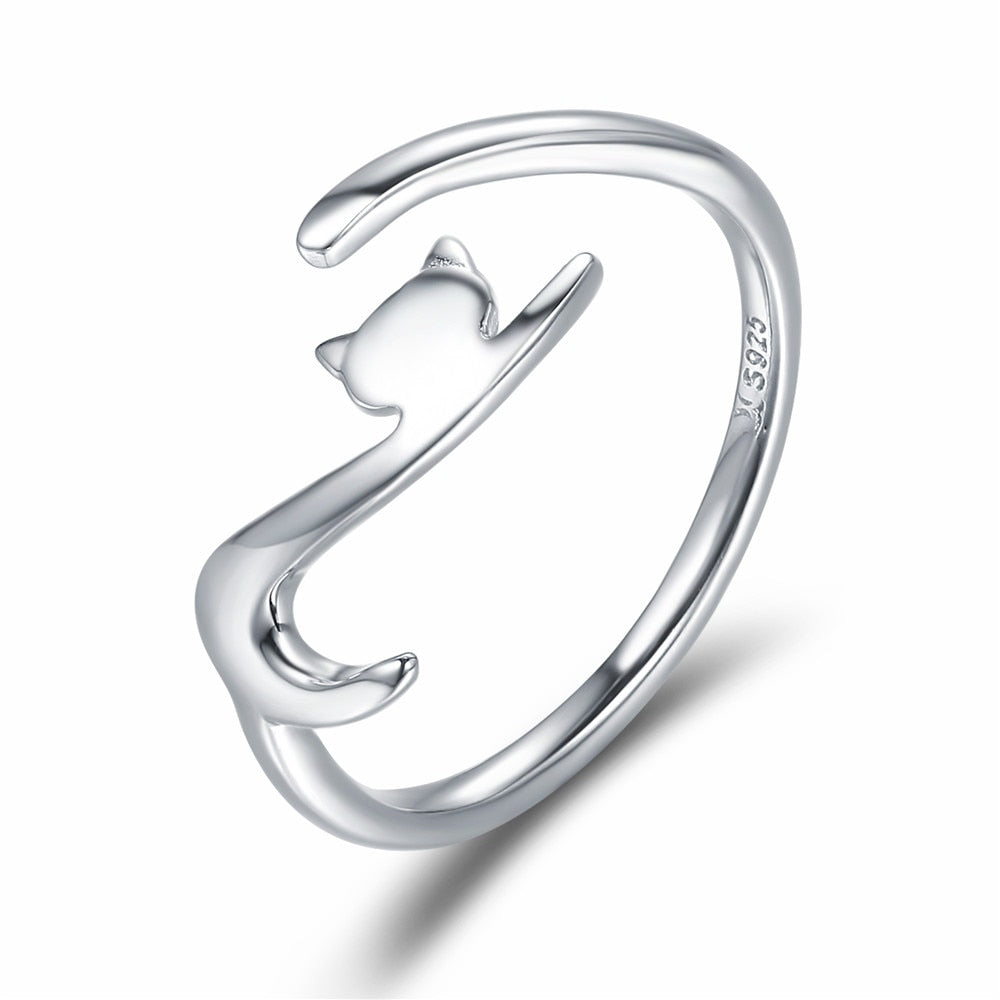 BAMOER 925 Sterling Silver Sticky Cat with Long Tail Finger Ring