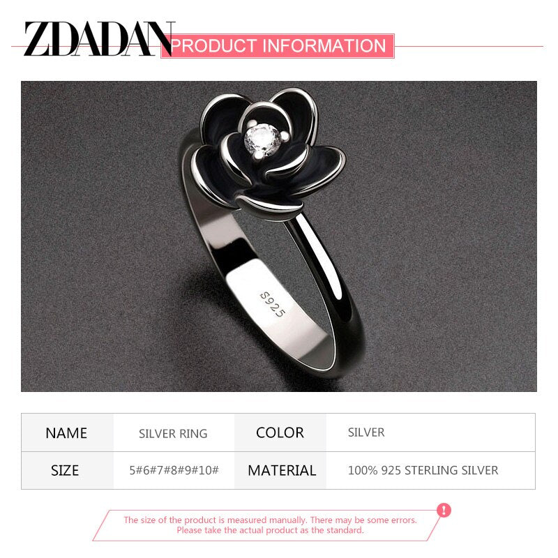 ZDADAN 925 Sterling Silver Charm Black Rose Flower Zircon Ring