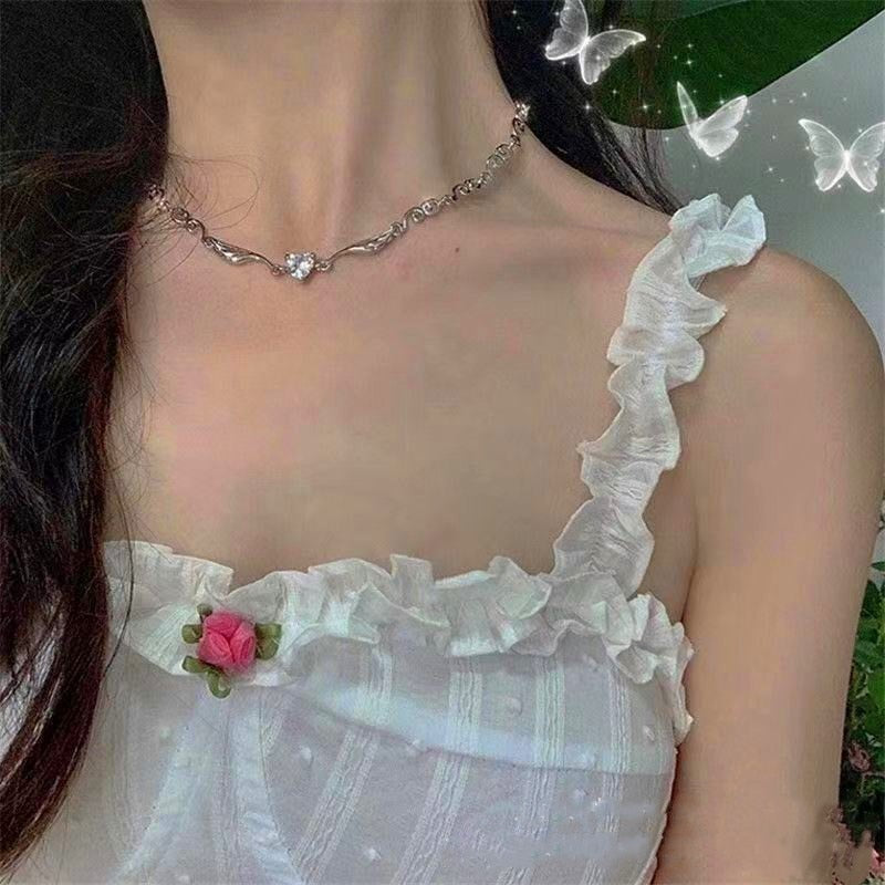 Silver Color Irregualr Love Heart Crystal Choker Necklace