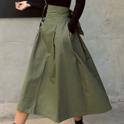 Korean Fashion Solid Color Big Swing Women High Waist Bow Slim Skirt